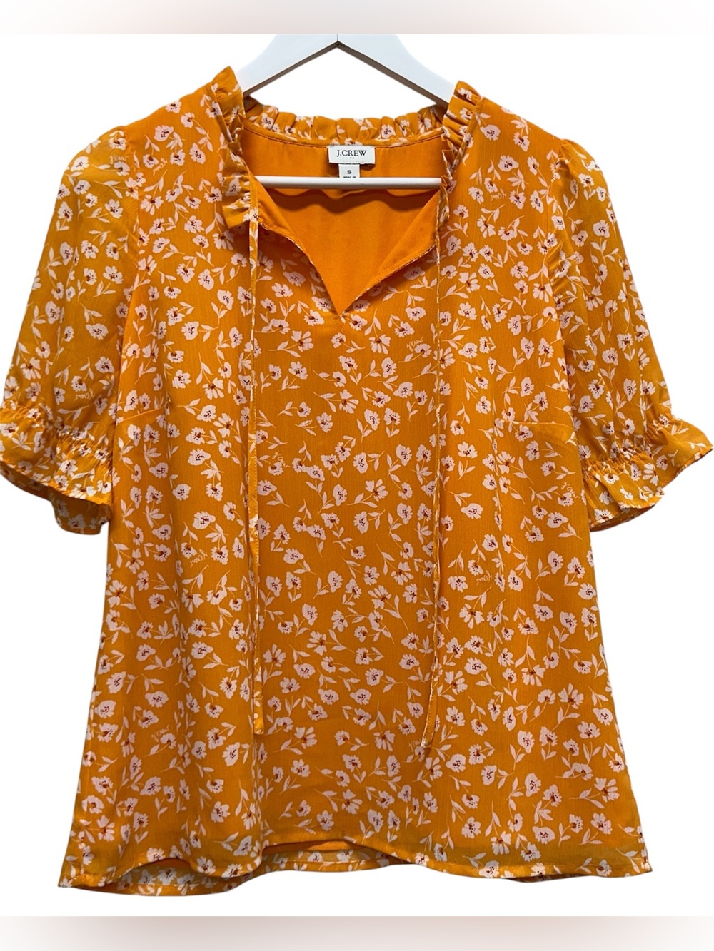 J. Crew Vibrant Orange Blouse White Floral Design Chiffon Top Shirt Women’s S - Picture 5 of 8